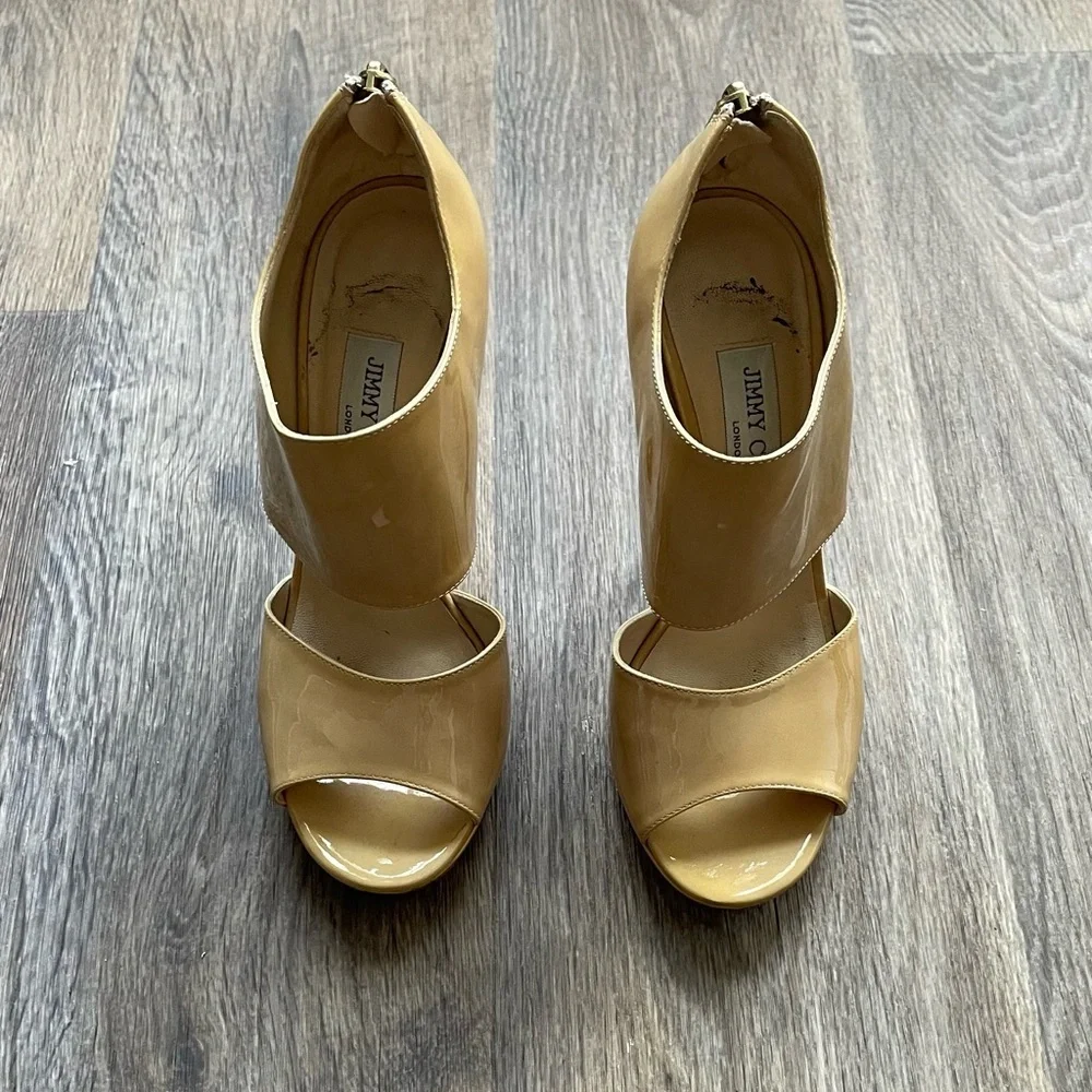 Jimmy Choo Nude Patent Platform Peep Toe Heels Ankle Cuff Stiletto Pumps 37.5
